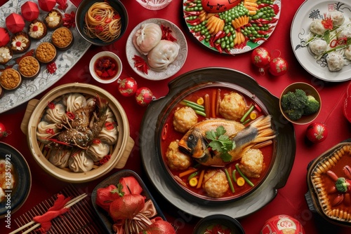 A festive Chinese New Year dinner featuring dishes like whole fish  dumplings  and sticky rice cake  rich in symbolism and shared joy.