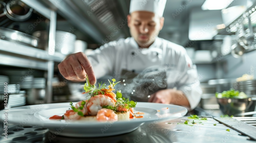 A gourmet chef plating a delicate seafood dish in a high-end restaurant kitchen, showcasing culinary art and attention to detail.