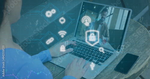 Image of data processing and security padlock over woman using laptop