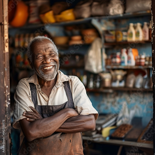  adult South-African Business owner working in their shop happy during sunrise 