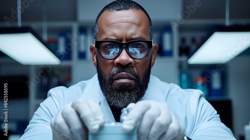 Focused scientist using a microscope. Bright colors.