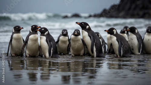 penguins, covered in oil, huddle together on a dark, polluted beach, struggling to move and find clean water
