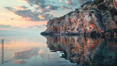 A majestic cliff at waters edge reflecting beauty