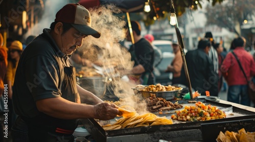 A street vendor in Mexico City making tacos al pastor, with a crowd of locals and tourists eagerly waiting, highlighting authentic street food culture. photo