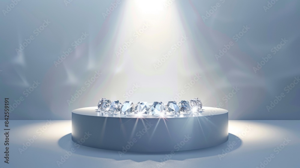 3D rendering of a diamond on a podium with a spotlight shining down on it. 3D rendering of a diamond on a podium with a spotlight shining down on it.