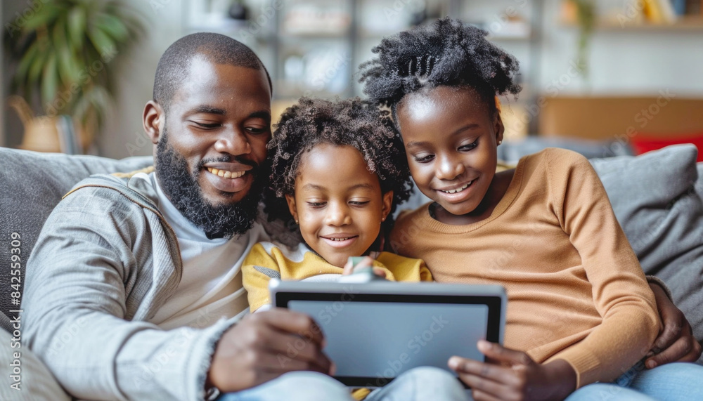 A man and two children sharing a tablet on a couch, creating precious memories together A man and two children sharing a tablet on a couch, creating precious memories together