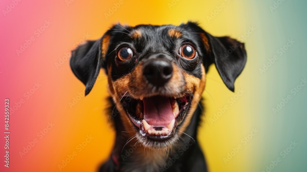 A closeup of a happy dog with a multicolored background.
