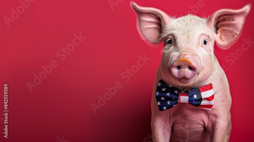 A cute piglet wearing an American flag bow tie is sitting on a red background. © reels