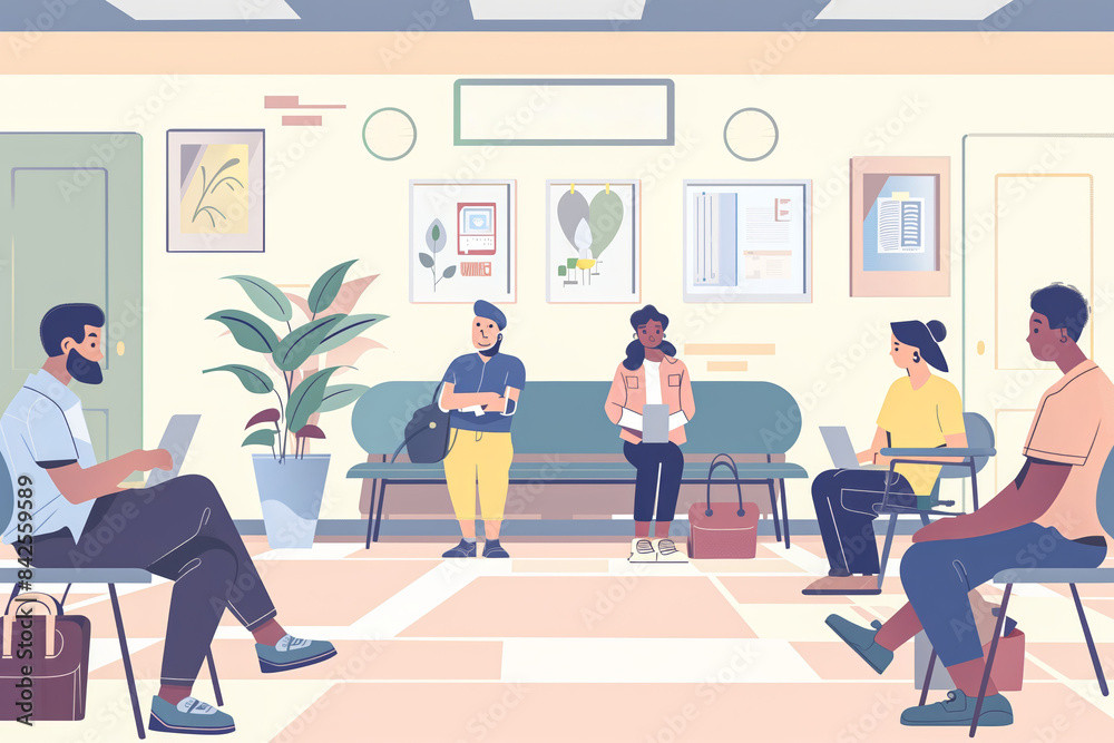 An illustration shows a hospital waiting room with diverse patients engaged in various activities, casual clothes, and decorations, creating a relaxing atmosphere An illustration shows a hospital waiting room with diverse patients engaged in various activities, casual clothes, and decorations, creating a relaxing atmosphere