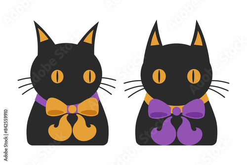 Two Halloween black cats, decorative stickers, symbols of a bad omen and misfortune. Vector illustration.