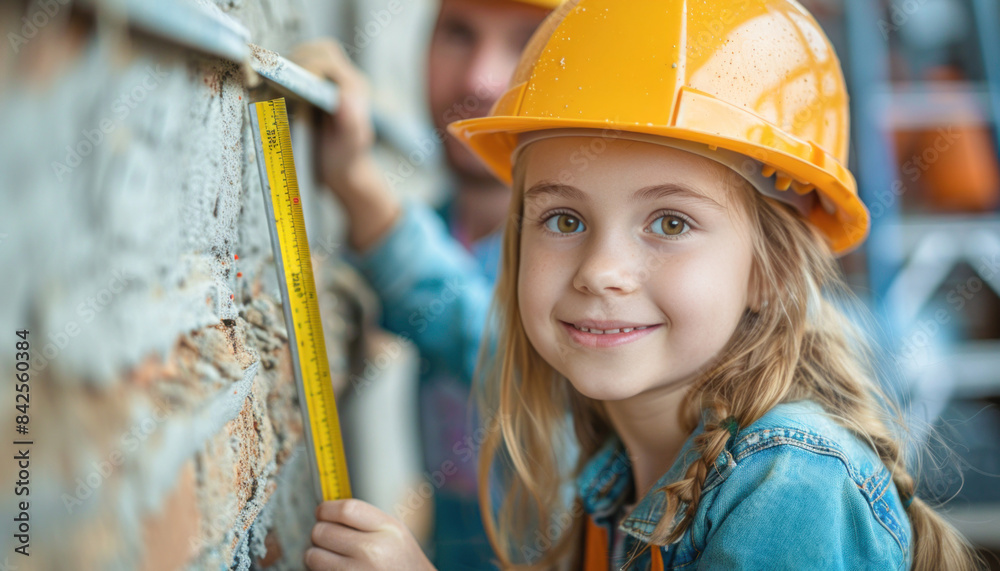 A girl in a helmet is smiling, holding a tape measure and a level. A girl in a helmet is smiling, holding a tape measure and a level.