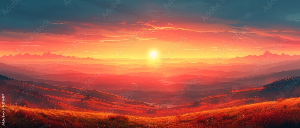 Obraz premium Sunset Over Rolling Hills: An illustration of a serene countryside with rolling hills, bathed in the warm hues of a setting sun.