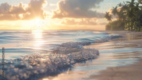 A serene beach at sunset  with waves gently lapping the shore.