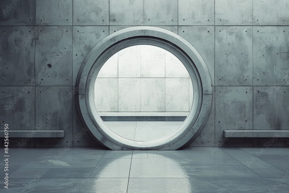 Obraz premium A circular door designed to look like a portal, set in a minimalist wall. The design suggests innovation and the possibility of alternate realities 
