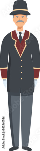 Senior doorman wearing uniform standing upright greeting hotel guests
