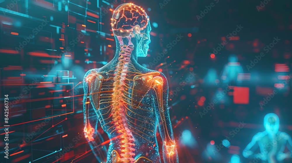 Digitally generated person suffering from back pain as a result of spinal or joint trauma. Schematic medical visualization, virtual screen blend Digitally generated person suffering from back pain as a result of spinal or joint trauma. Schematic medical visualization, virtual screen blend