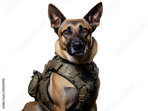 a dog wearing a military vest