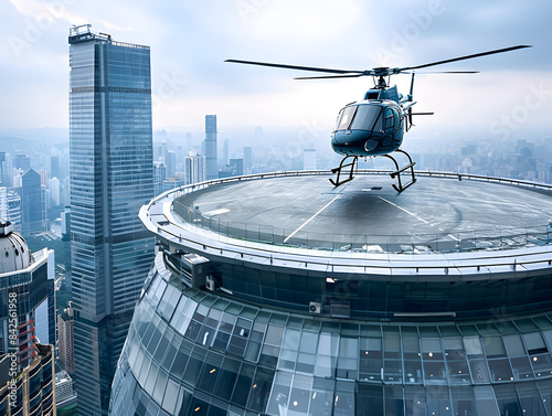 A helicopter touches down on a helipad positioned high above a bustling cityscape below. photo