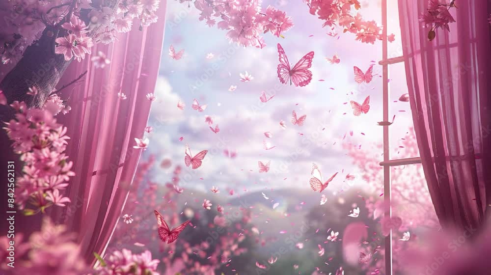 Pink butterflies flying in the cherry blossom tree, pink curtains fluttering by the window, outside is full of blooming flowers and green trees, pink clouds floating in the sky, beautiful and dreamy