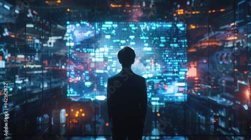A businessman collaborates with AI algorithms, fostering innovation in a high-tech environment to stay ahead, virtual screen blend