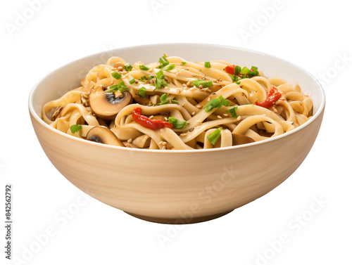 a bowl of noodles with mushrooms and peppers photo