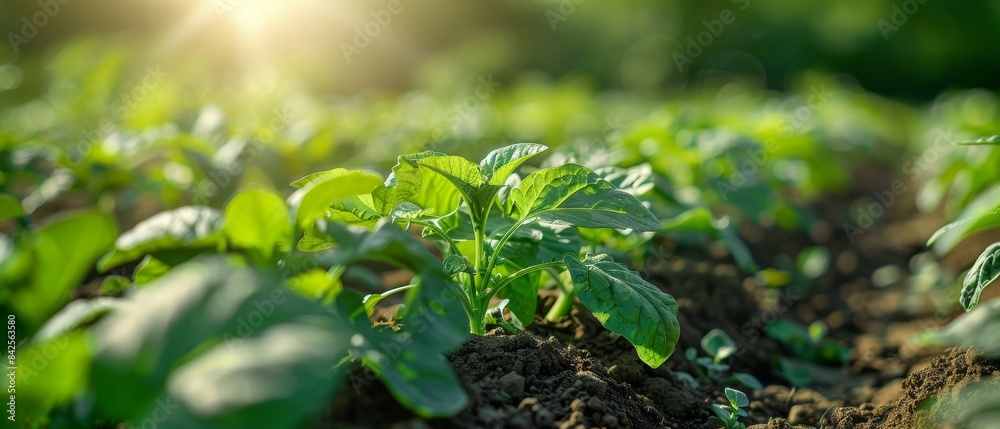 Lush green crop plants bathed in sunlight, growing in a fertile field under the warmth of the sun, showcasing agricultural vitality and natural beauty. Lush green crop plants bathed in sunlight, growing in a fertile field under the warmth of the sun, showcasing agricultural vitality and natural beauty.