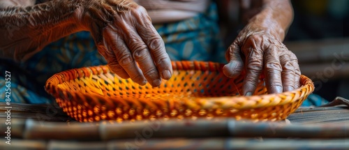 Close-up of elderly hands weaving a colorful basket, showcasing traditional craft and cultural heritage.