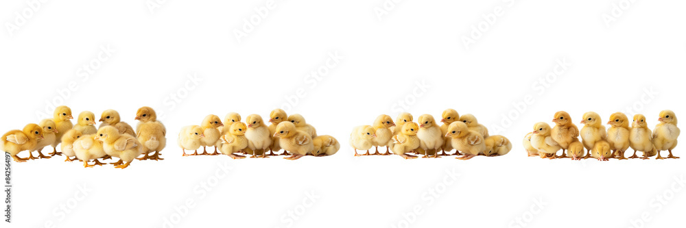 Set of a little yellow chicks enjoying a meal together on transparent background Set of a little yellow chicks enjoying a meal together on transparent background