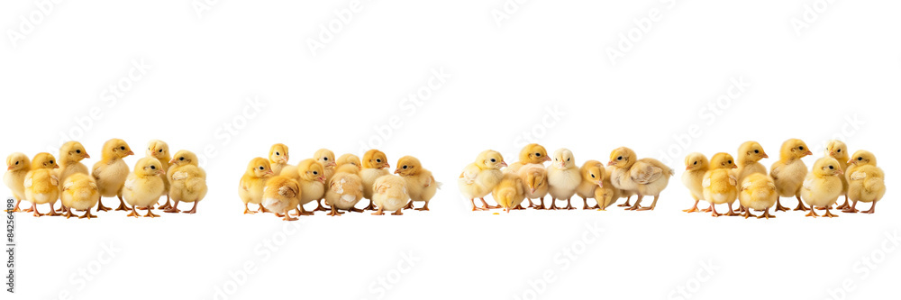 Set of a little yellow chicks enjoying a meal together on transparent background Set of a little yellow chicks enjoying a meal together on transparent background
