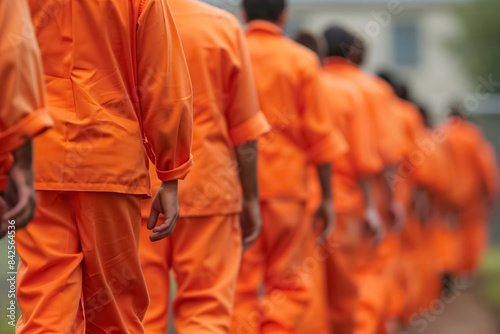 Inmates in orange uniforms walking in a line, possibly in a prison, showcasing aspects of incarceration, security, law enforcement, and the justice system