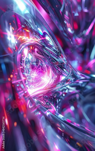 Abstract digital art with vibrant pink, blue, and purple hues. Swirling, glowing patterns create a sense of movement and energy.