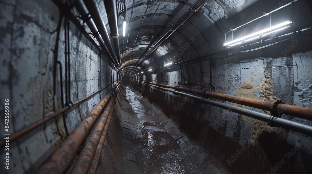 Obraz premium Underground Tunnel with Rusty Pipes and Concrete Walls