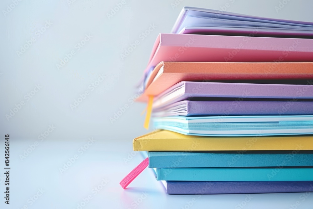 Neatly stacked pile of colorful notebooks on a white desk, showcasing organization and creativity Neatly stacked pile of colorful notebooks on a white desk, showcasing organization and creativity