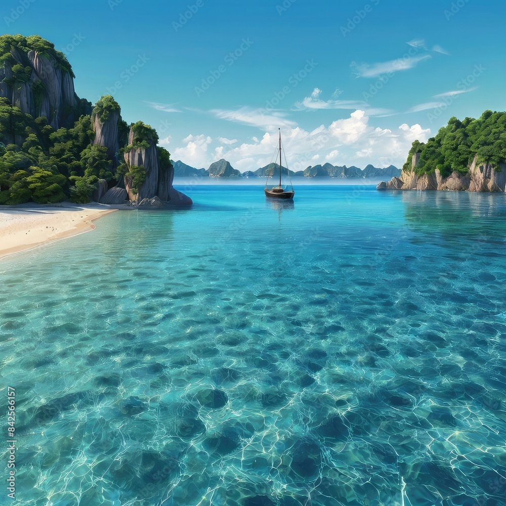 Obraz premium Beach landscape boat island wallpaper