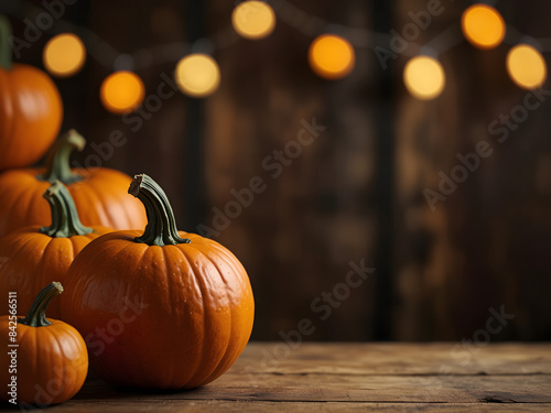 Pumpkins On Wooden Table - Thanksgiving Background With Vegetables And Bokeh Lights design