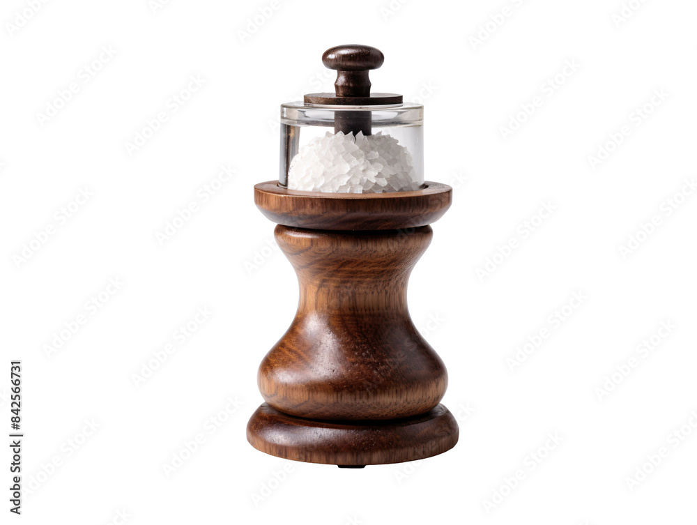a wooden pepper mill with a glass container filled with white crystals a wooden pepper mill with a glass container filled with white crystals