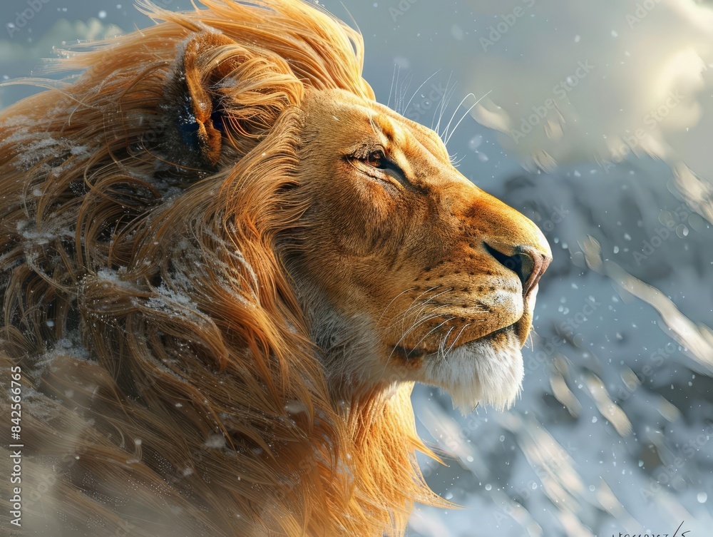 Naklejka premium A majestic lion with a flowing mane stands against a snowy mountain backdrop, gazing into the distance. The light glistens off his fur, creating a powerful and awe-inspiring image.