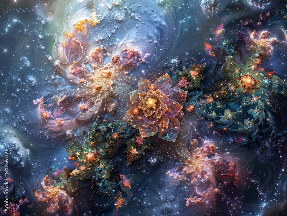 Abstract cosmic art with vibrant colors and swirling patterns, resembling flowers and celestial bodies. A visually captivating depiction of space. Abstract cosmic art with vibrant colors and swirling patterns, resembling flowers and celestial bodies. A visually captivating depiction of space.