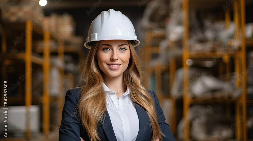 Portrait of smiling young architect woman wearing helmet Portrait of smiling young architect woman wearing helmet