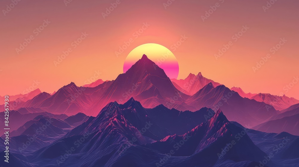 A vibrant sunset casts warm light over a majestic mountain range, creating a stunning and serene landscape.