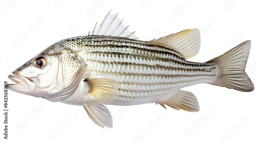 Fresh white striped bass fish isolated on white background, White striped bass fish isolated on white with clipping path.
Fresh white striped bass fish isolated on white background, White striped bass fish isolated on white with clipping path.