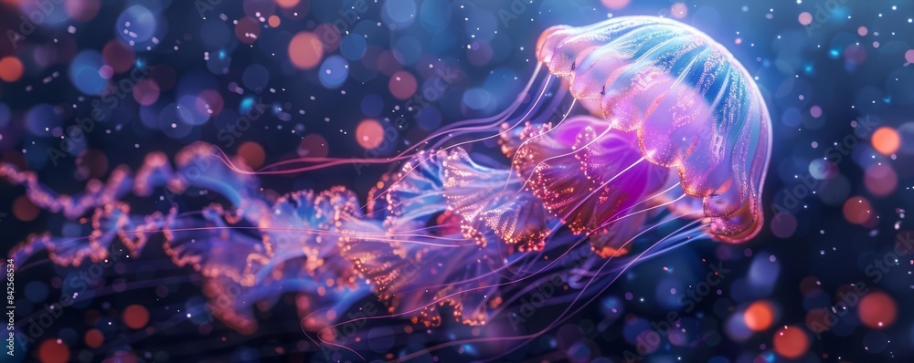 A bioluminescent jellyfish glows in the dark, surrounded by shimmering lights. A bioluminescent jellyfish glows in the dark, surrounded by shimmering lights.