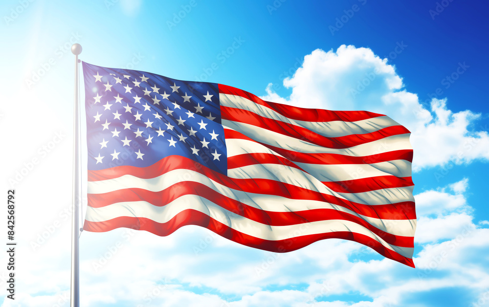 Fototapeta premium American flag waving proudly against backdrop of clear blue sky dotted with fluffy white clouds. Concept of American patriotism, national pride, and freedom associated with the United States