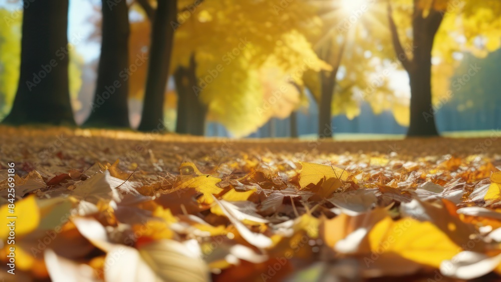 leaves falling from trees on a sunny autumn day leaves falling from trees on a sunny autumn day