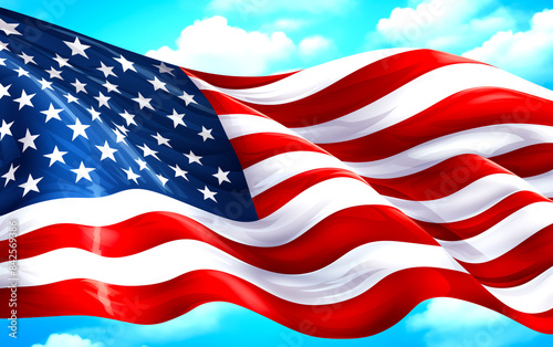 Close-up view of the United States flag, with its iconic stars and stripes design. Flag is waving on backdrop of clear blue sky. National pride and patriotism, related to American holidays, history