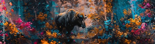 A dark animal walks through a colorful, abstract forest.