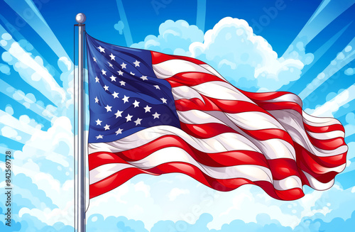 American flag waving in the wind against backdrop of blue sky with white clouds and radiating sunbeams. Concept of American patriotism and national pride, National Flag Day