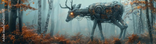 A mechanical deer stands in a misty forest, its glowing eyes peering through the trees.