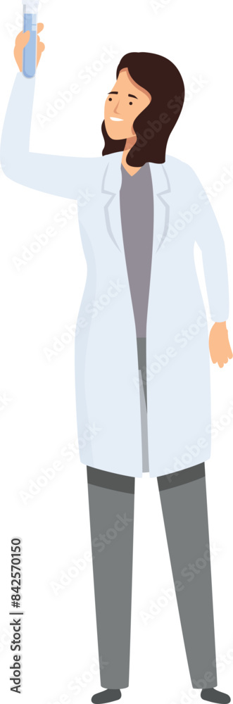 Female scientist holding test tube smiling looking at results of scientific experiment Female scientist holding test tube smiling looking at results of scientific experiment