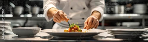 Chef plating a gourmet dish in a professional kitchen.